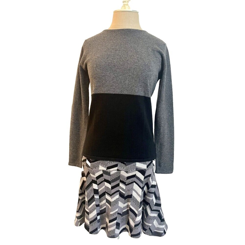 Michael Kors Two Tone Sweater Paired with Moth Geometric Skirt Black Grey White